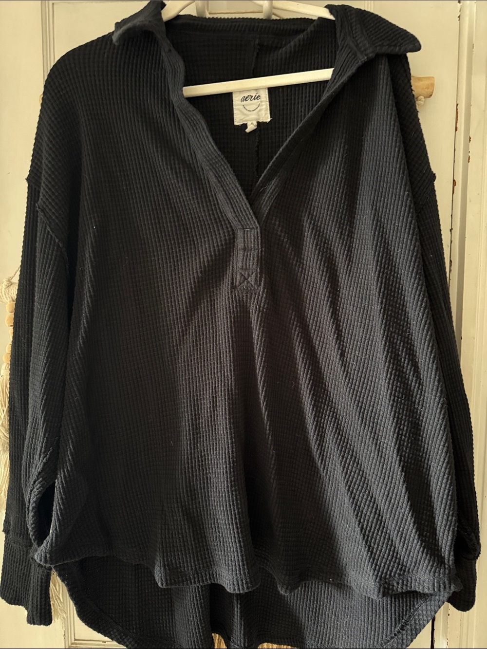 aerie Black Waffle-Knit Collared Pullover XL